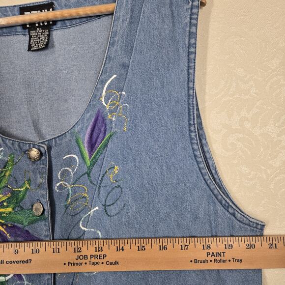 VTG PTNY Denim Jean Midi Dress Jumper XL Blue Cotton Sleeveless Painted Design - Picture 13 of 16